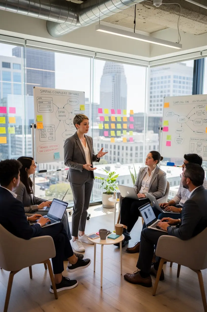 Flat lay of everyday tech tools like mouse, glasses, and notebook with notes on software basics.